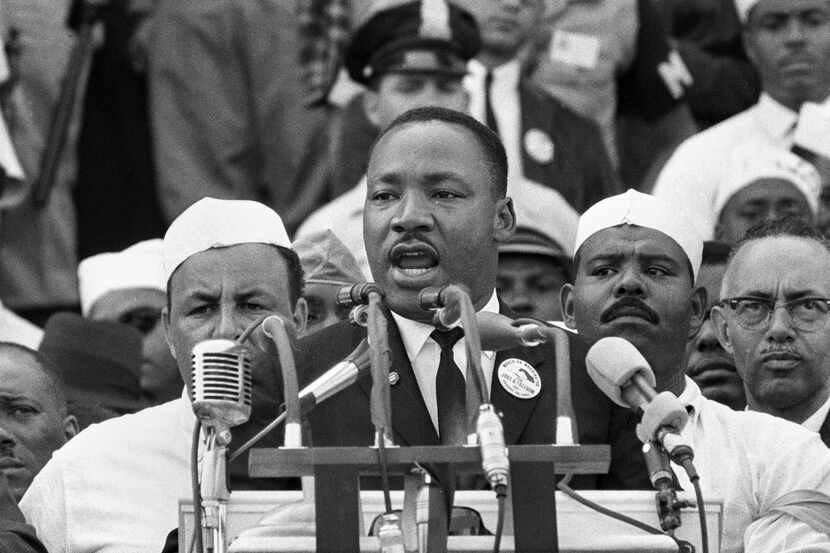 FILE - In this Aug. 28, 1963, black-and-white file photo, Dr. Martin Luther King Jr., head...