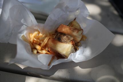 Deep-fried Bacon Burger Dog Slider on a Stick at the State Fair of Texas