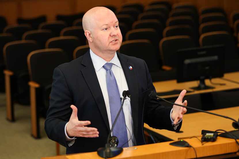 Collin County Judge Chris Hill speaks about the coronavirus outbreak at a news conference in...