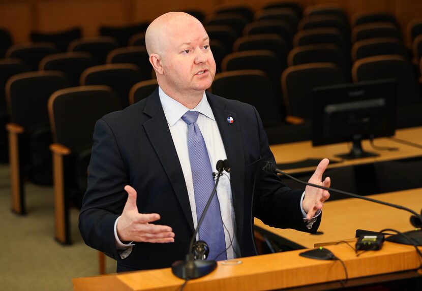 Collin County Judge Chris Hill speaks about the coronavirus at a press conference on March...