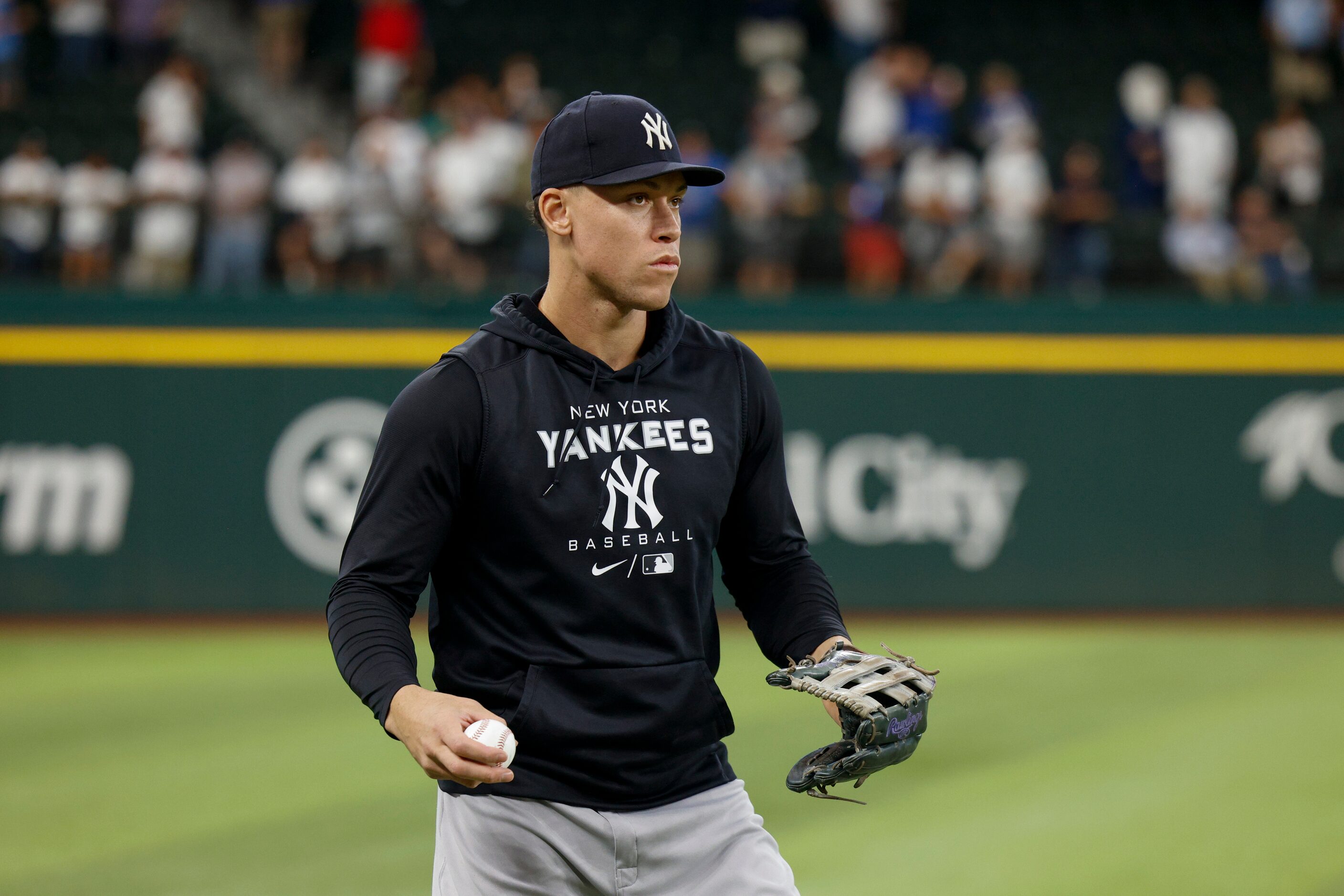 New York Yankees right fielder Aaron Judge (99) warms up before a MLB game against the Texas...