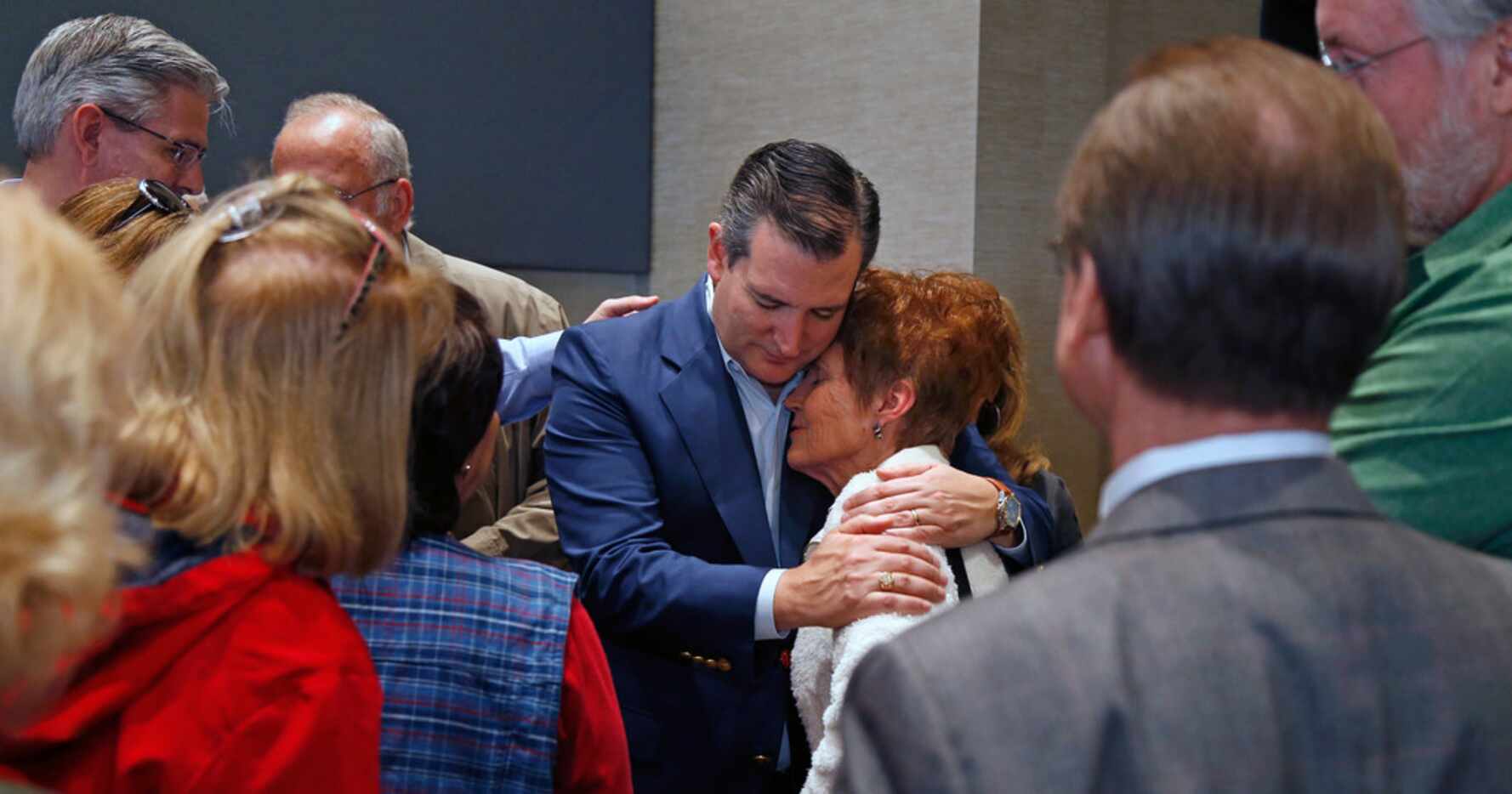 Sen. Ted Cruz hugs Sharon Monge after a rally with congressional candidate Chip Roy on Feb....