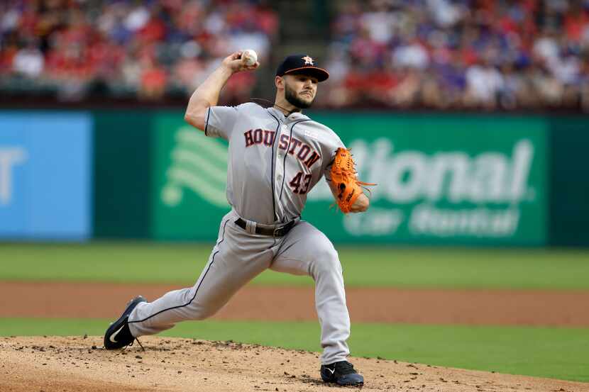 Houston Astros starting pitcher Lance McCullers Jr. (43) throws to the Texas Rangers in the...