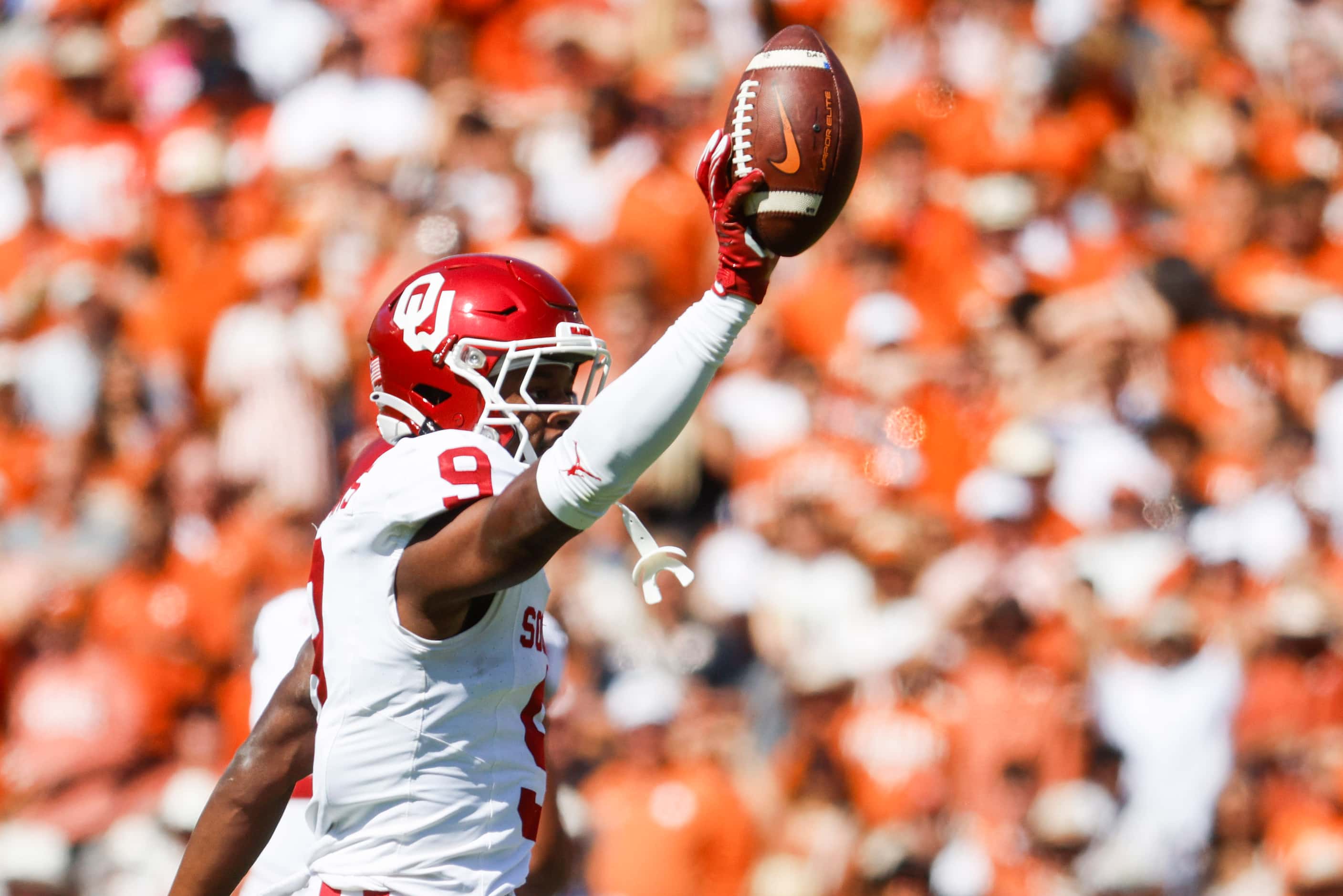 Oklahoma defensive back Gentry Williams (9) cheers after intercepting during the second half...