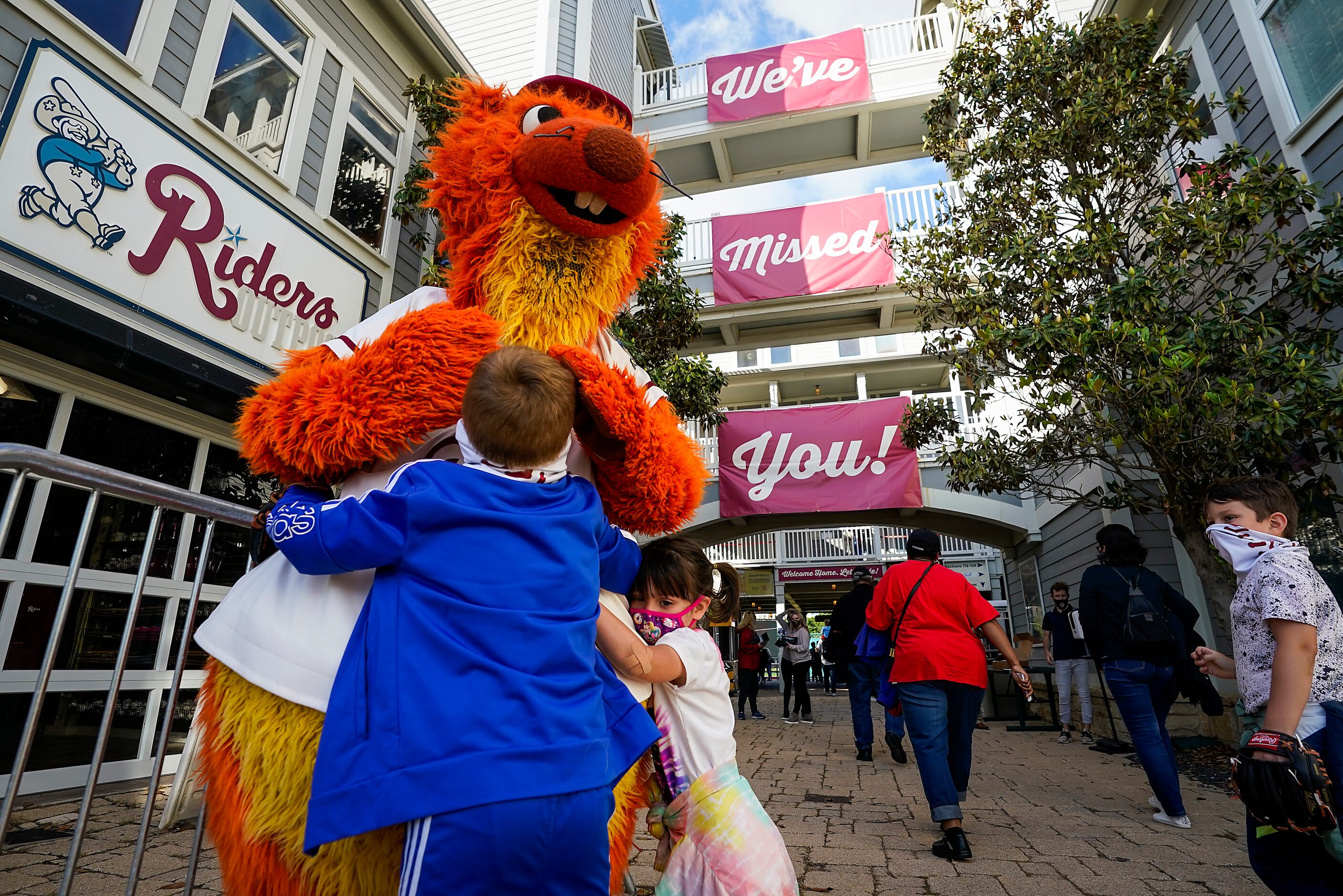 Frisco RoughRiders mascot Deuce greets fans after the gates opened for the team’s season...