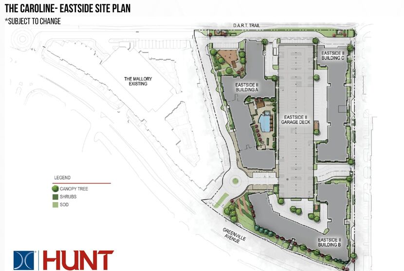 A site plan for The Caroline Eastside, an apartment complex under construction in Richardson...