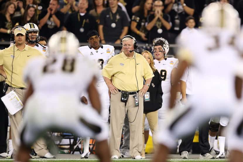 Head coach George O'Leary of the UCF Knights reacts during their 52 to 42 win over the...