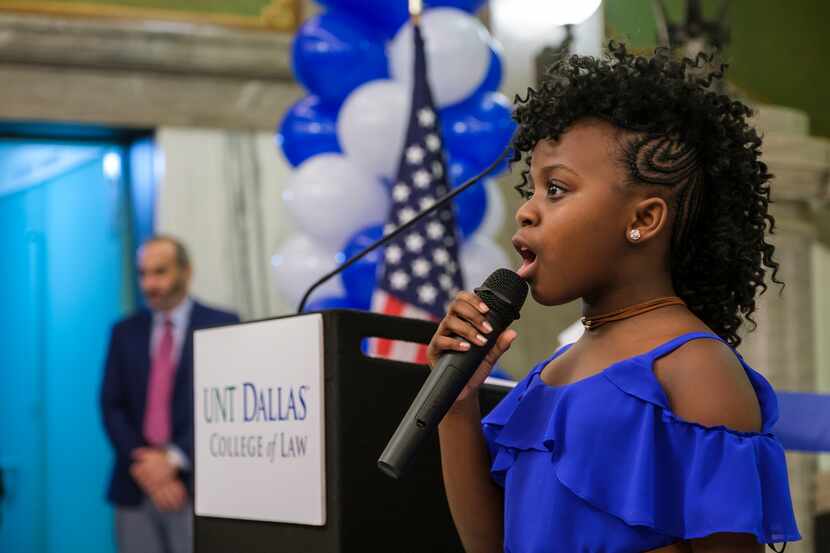 Skye Turner sings the national anthem during a ceremony for the UNT Dallas College of Law in...