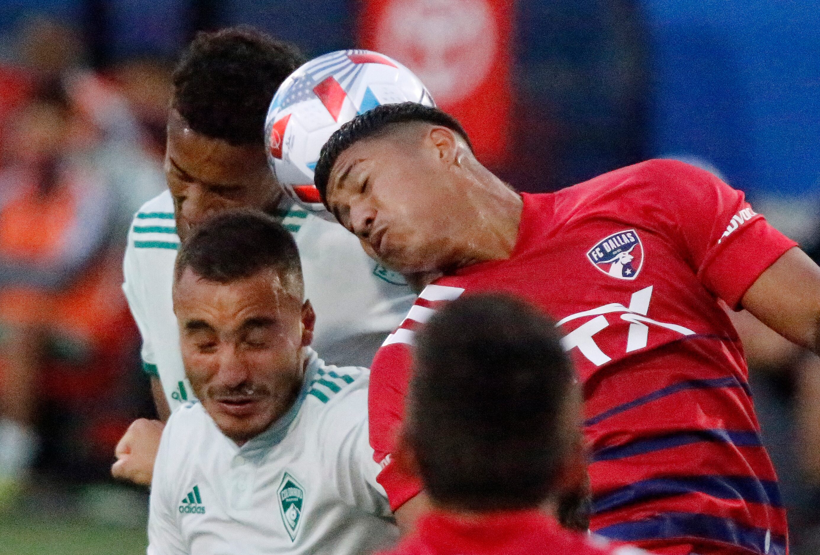 FC Dallas midfielder Freddy Vargas heads the ball during the first half as FC Dallas hosted...