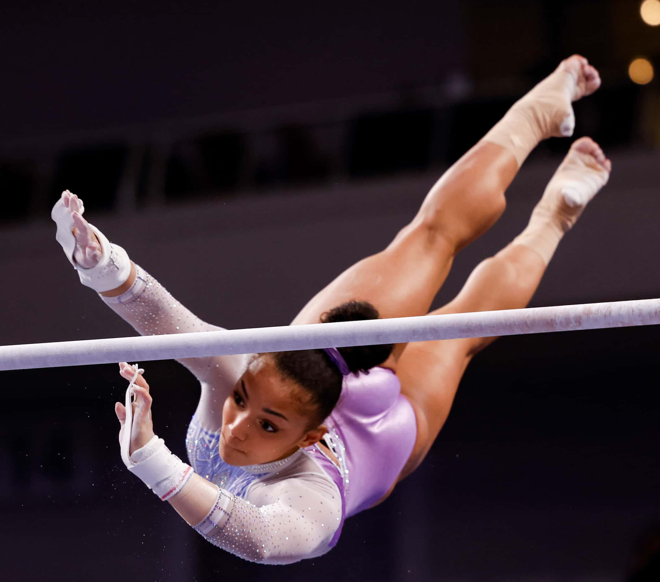 Sydney Barros competes on the uneven bars during day 1 of the senior women's US gymnastics...