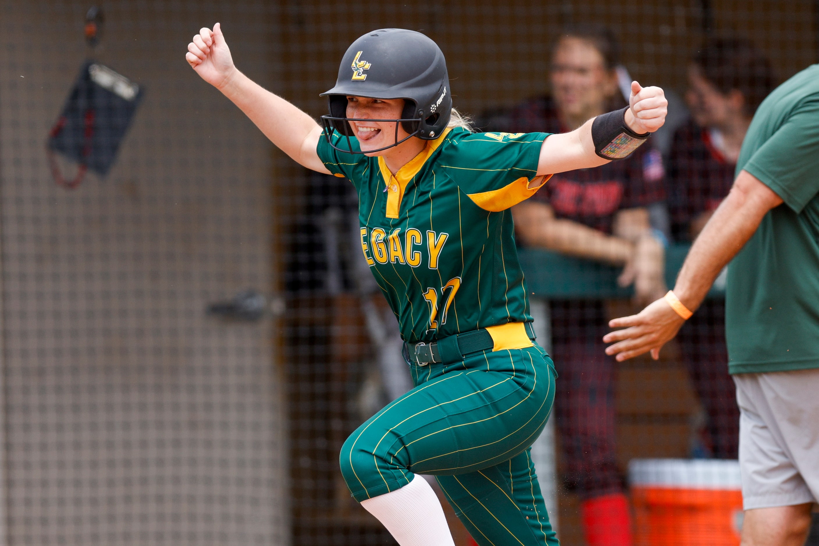 Frisco Legacy Christian catcher Jackie Purtell (17) celebrates as she rounds the bases after...