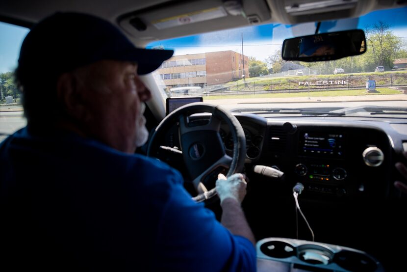 Harris Lohmeyer, a now retired Union Pacific employee, drives near the Pacific Railroad rail...