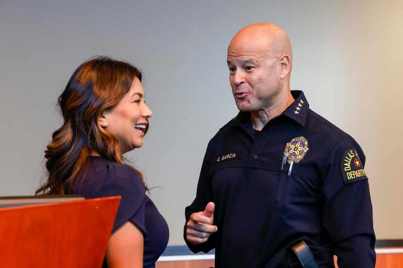 Dallas Police Chief Eddie García speaks with Judge Sara Martinez, Precinct 5 Justice of the...