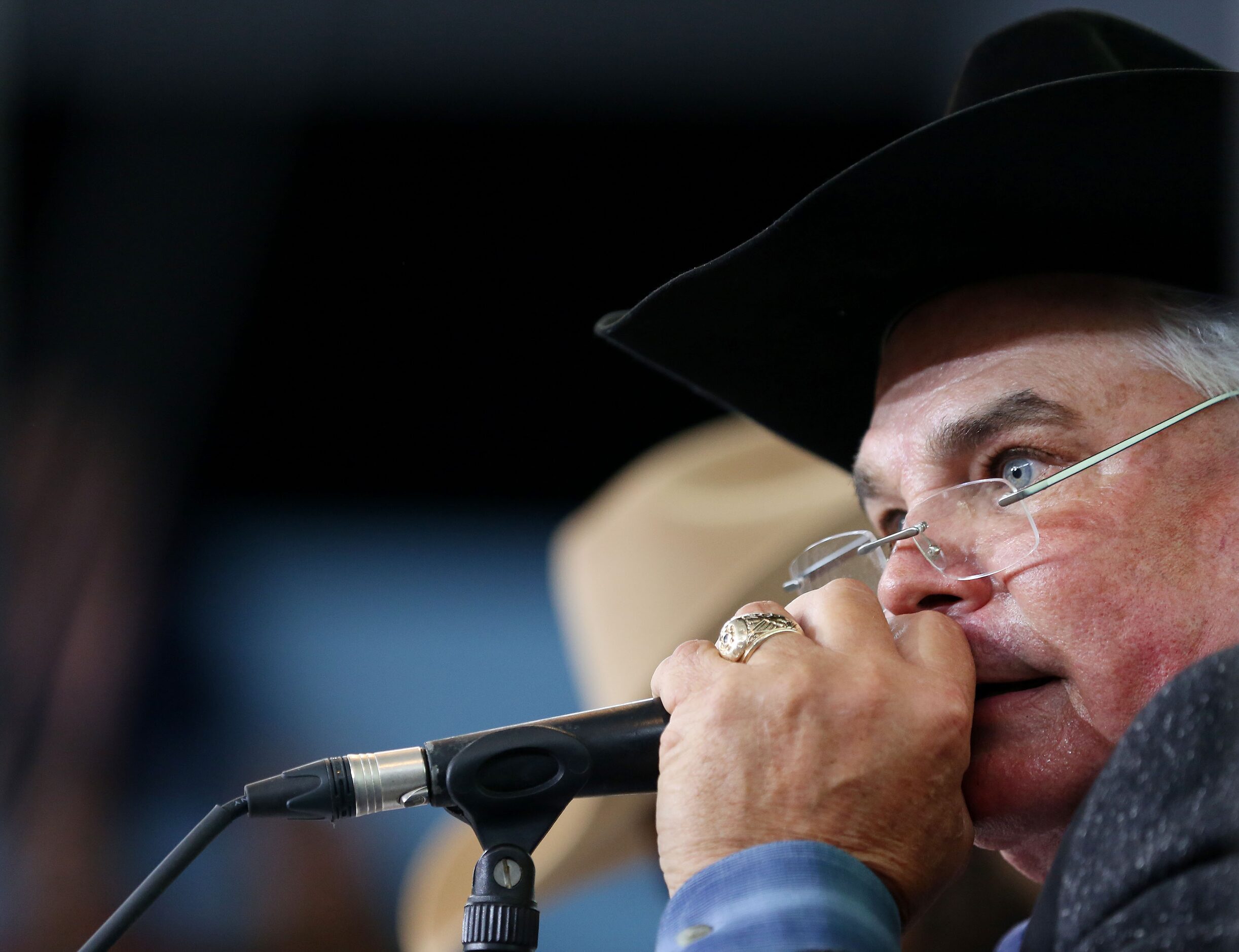 Auctioneer Bill Hall speaks during the State Fair of Texas Youth Livestock Auction at Fair...