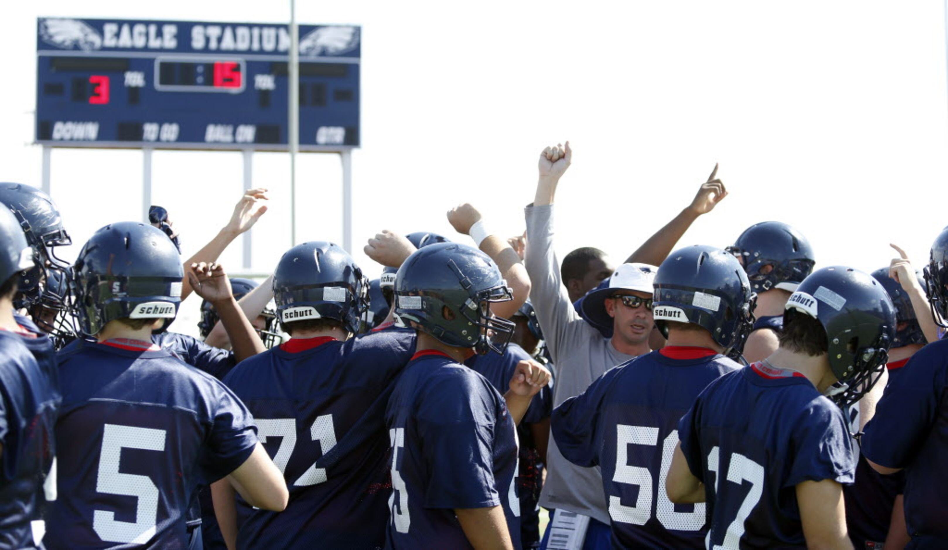 First day of football practice for defending state champion Allen at Allen's Old Eagle...