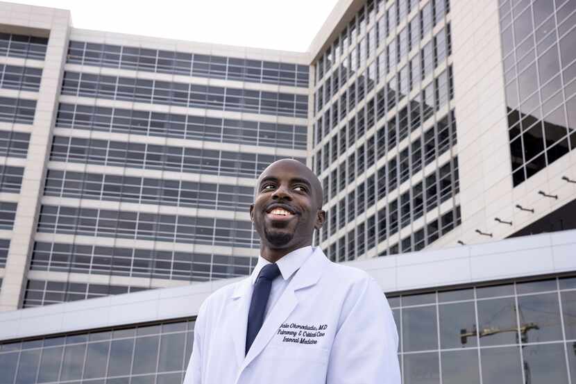 Dr. Dale Okorodudu poses for a portrait outside of the University of Texas Southwestern...