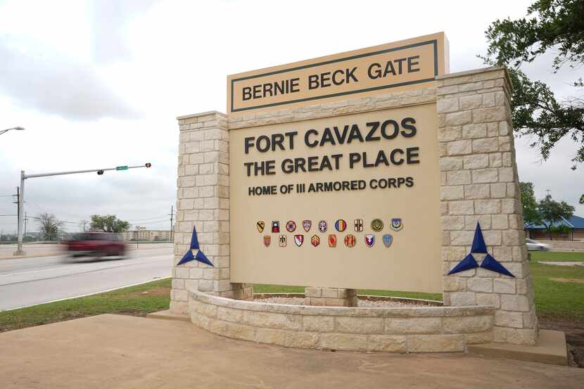 The sign at the main gate was unveiled during a ceremony at Fort Cavazos in Killeen, Texas,...