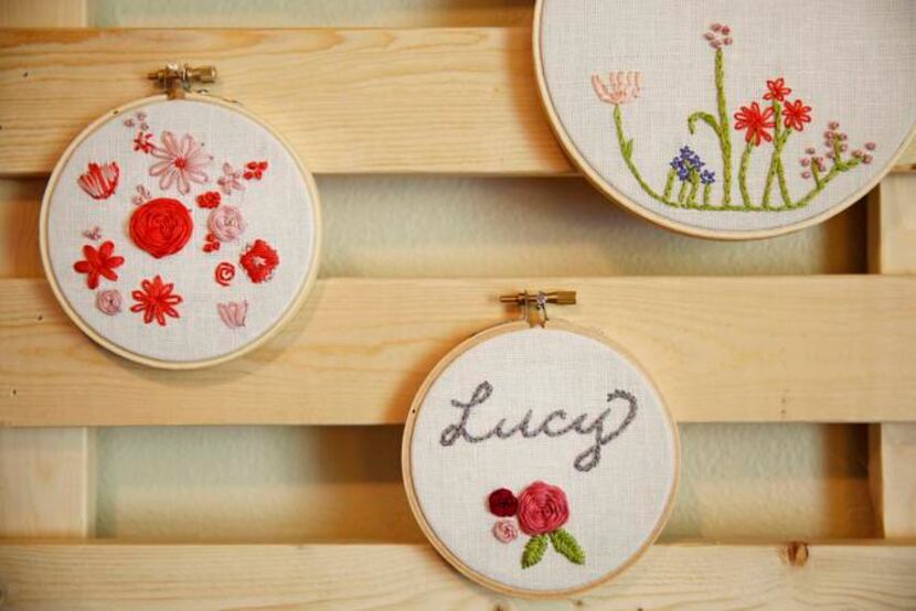 
Examples of Katy Culver's embroidery work on display in her Richardson, Texas home workshop...