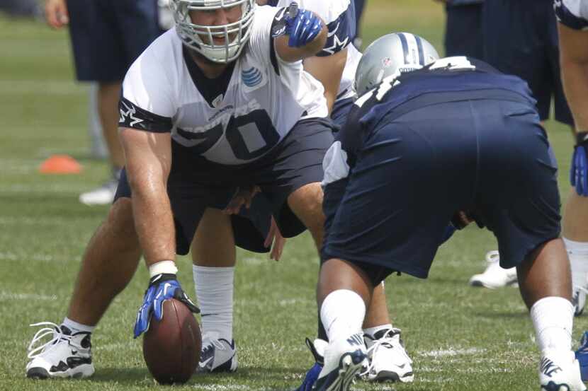 Center Travis Frederick (70) pictured during Dallas Cowboys rookie minicamp at Valley Ranch,...