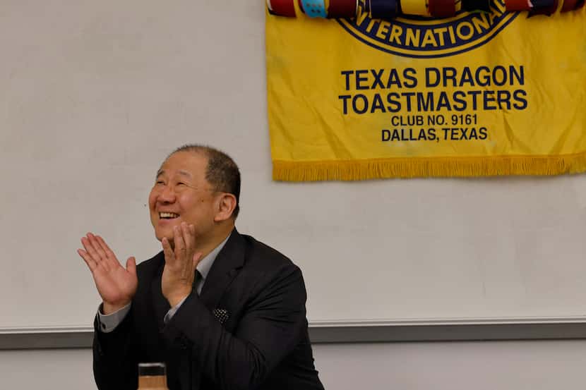 Yujun Liang does an impression of his daughter while delivering a speech at a Texas Dragon...