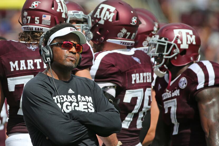 Texas A&M head coach Kevin Sumlin shows his displeasure on the sideline with the Aggies...