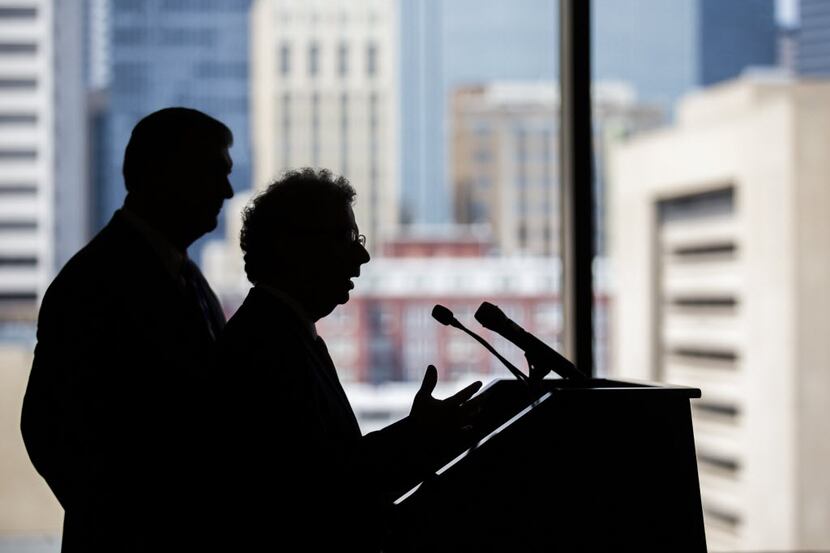 Dallas Mayor Mike Rawlings (left) and  City Manager A.C. Gonzalez (Ashley Landis/Staff...