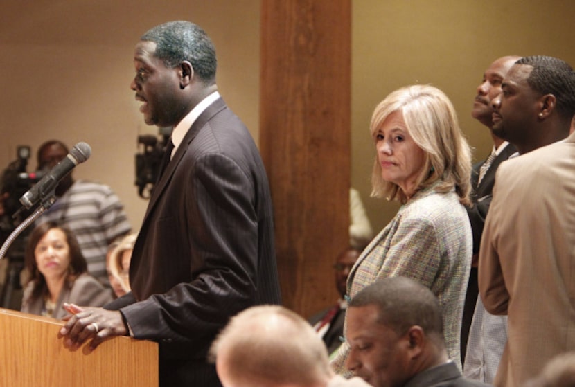 Dallas County District Attorney Craig Watkins, addressing the Commissioners Court in late...