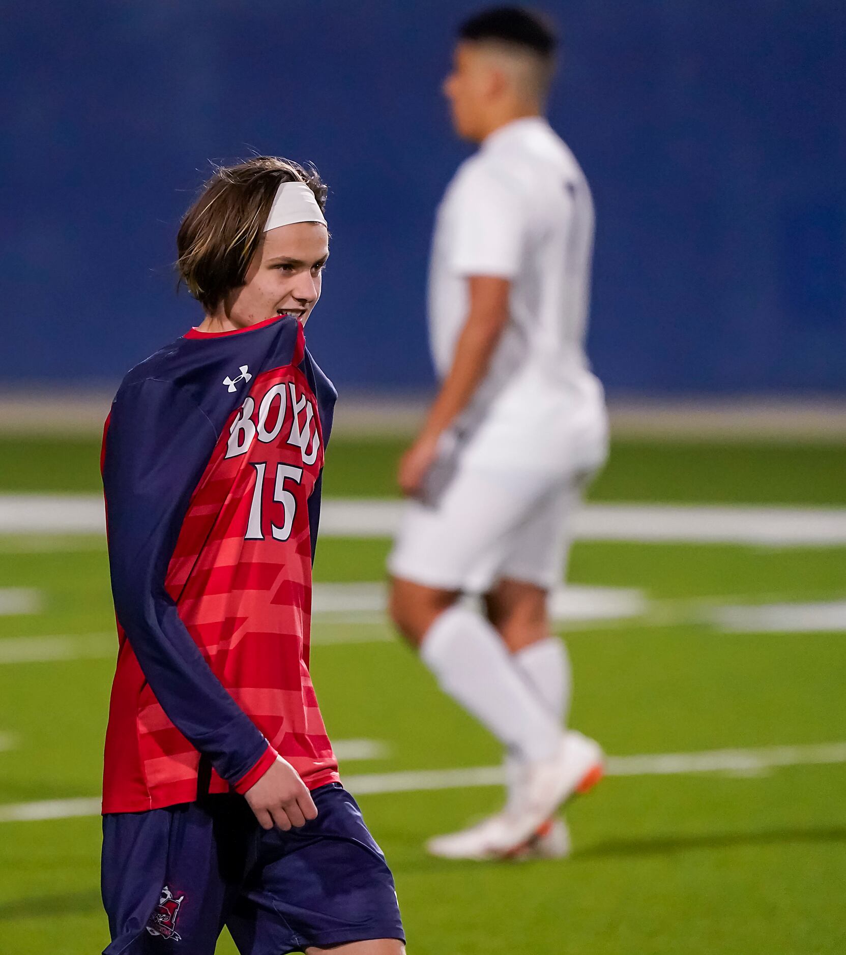 McKinney Boyd midfielder Baily Helms reacts after a save by Jesuit goalkeeper Cole Hines...