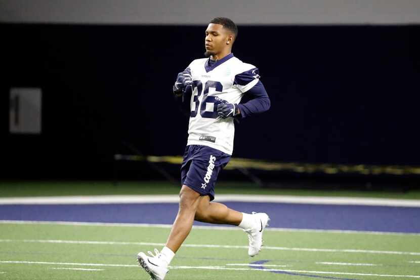 Dallas Cowboys rookie running back Tony Pollard (36) participates in drills during a NFL...