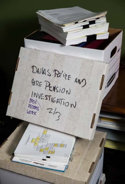 Boxes of files used in a lawsuit battle between the Dallas Police and Fire Pension System...
