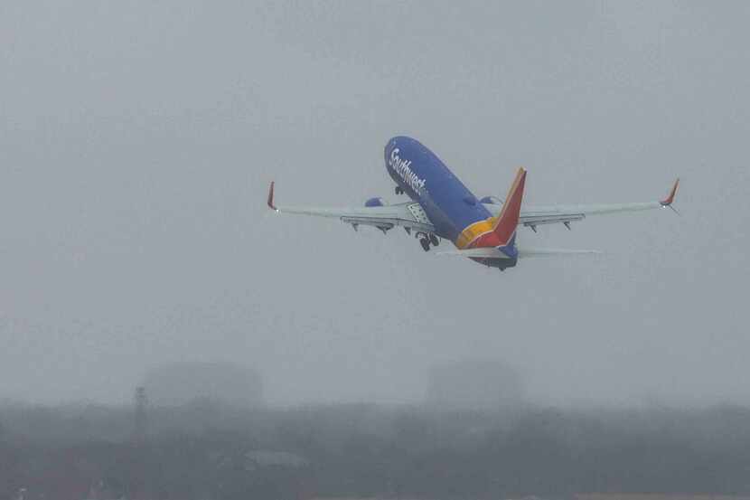 Southwest Airlines plane takes off at Dallas Love Field Airport in Dallas.