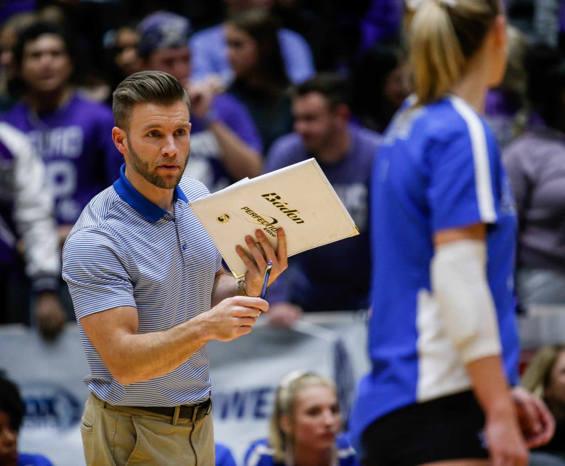 Plano WestÃs coach Justin Waters during the second set of a class 6A volleyball state...