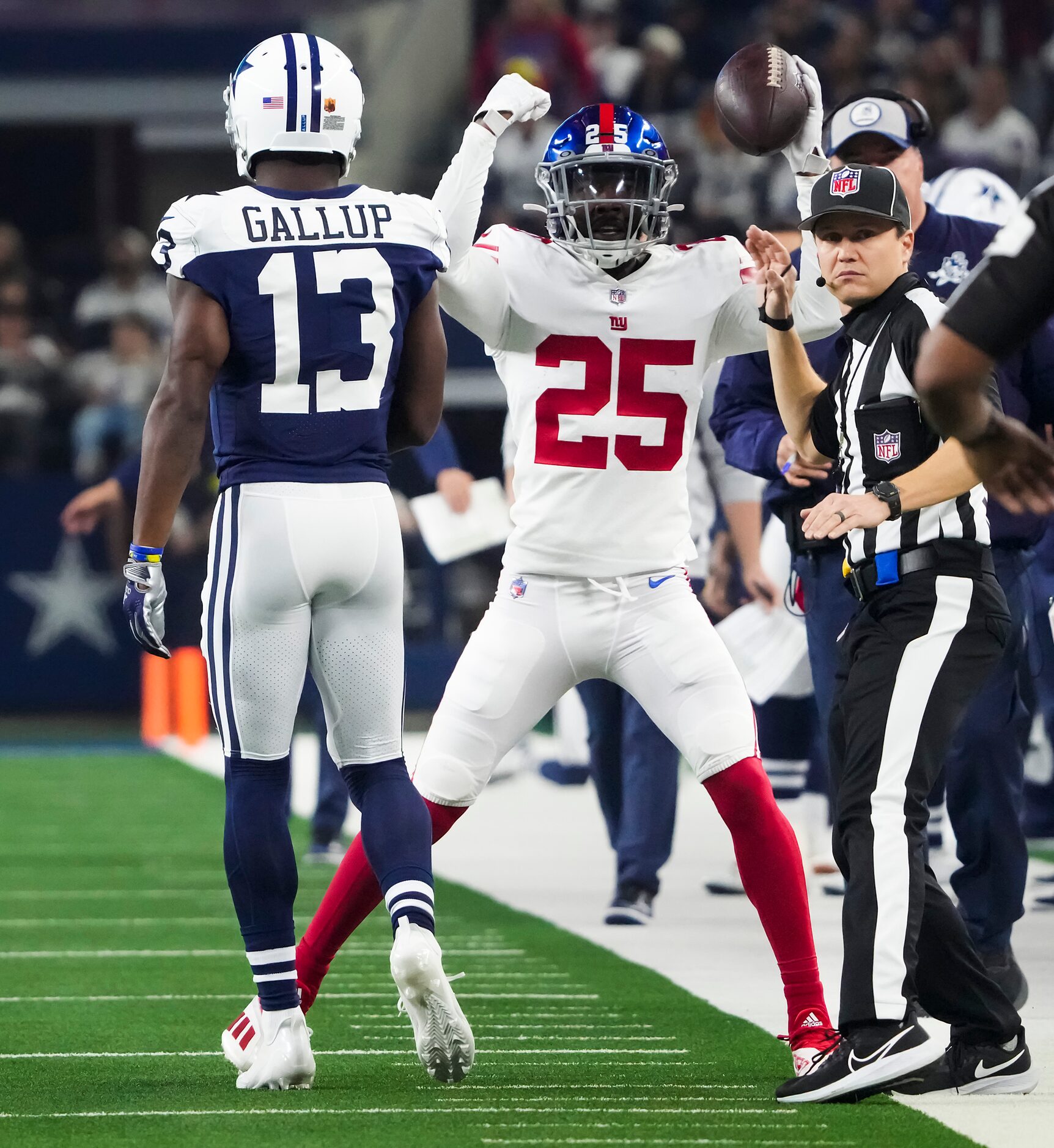 New York Giants cornerback Rodarius Williams (25) celebrates after intercepting a pass...