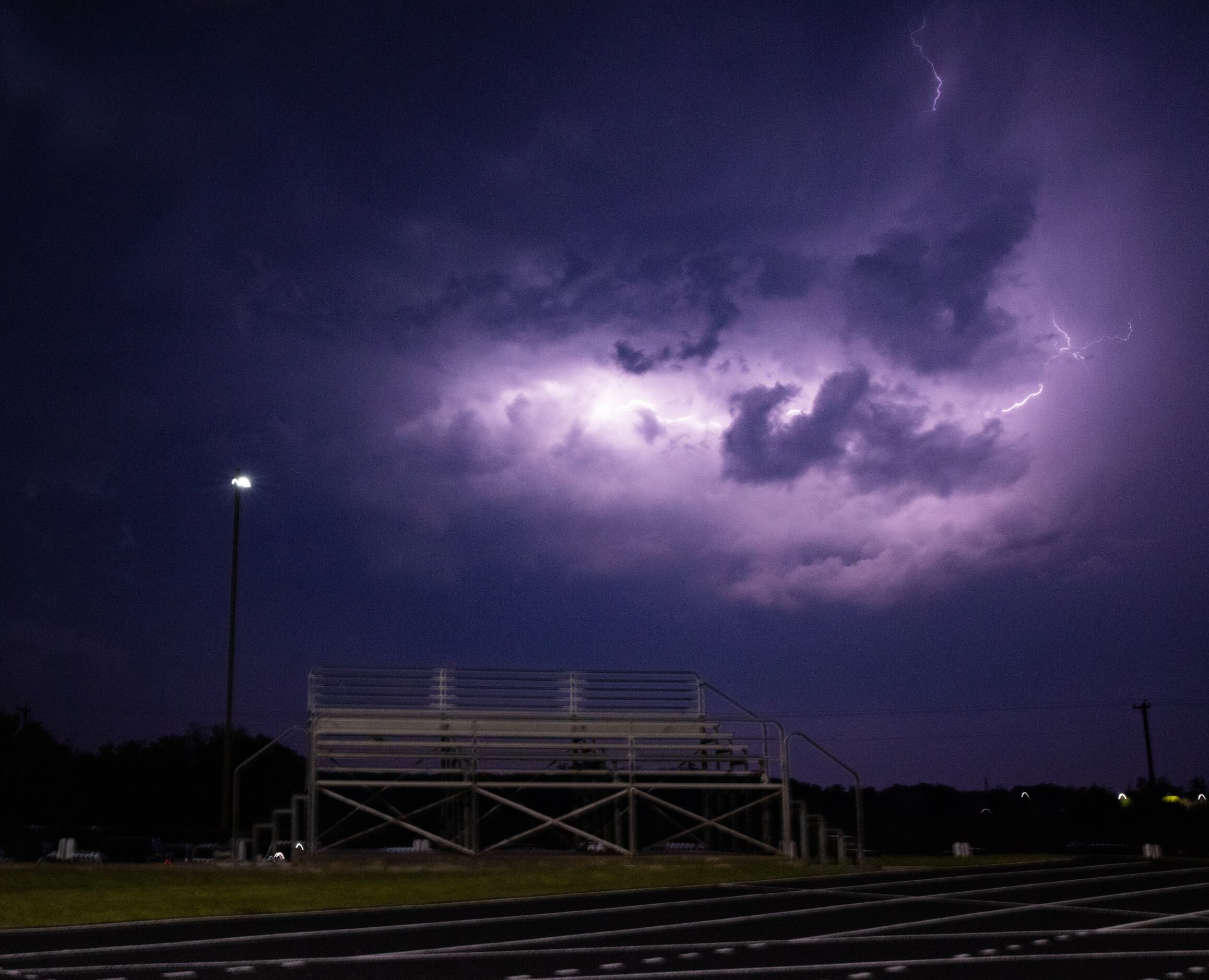 Lightning strikes during the weather delay before the Celina against Palestine boys soccer...