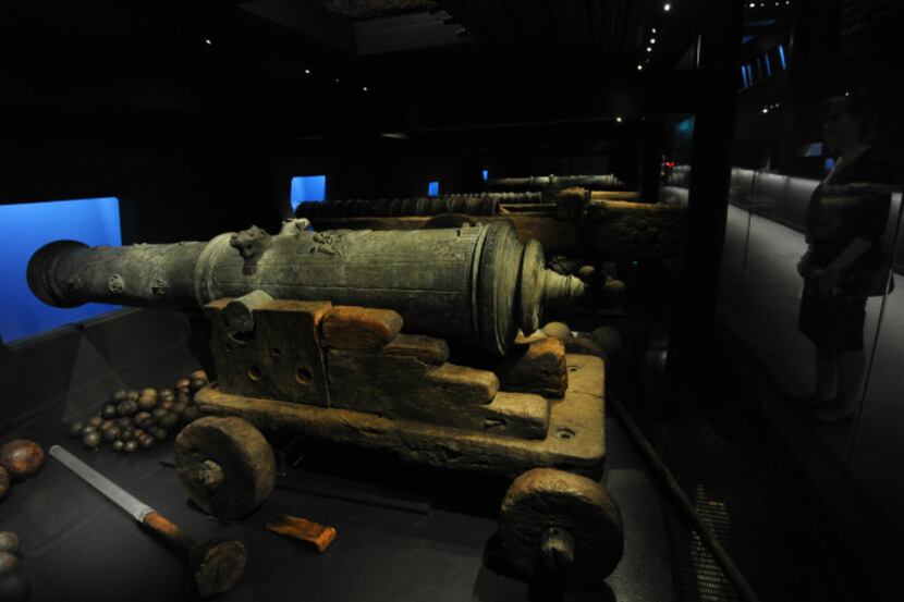 A detail cannon found on the wreck of the Tudor warship Mary Rose is on display at the Mary...