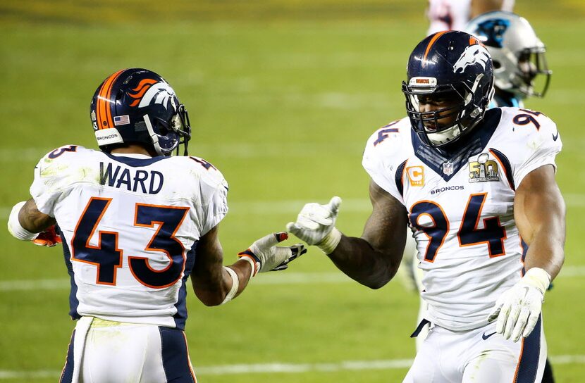 SANTA CLARA, CA - FEBRUARY 07:  DeMarcus Ware #94 of the Denver Broncos celebrates with ...