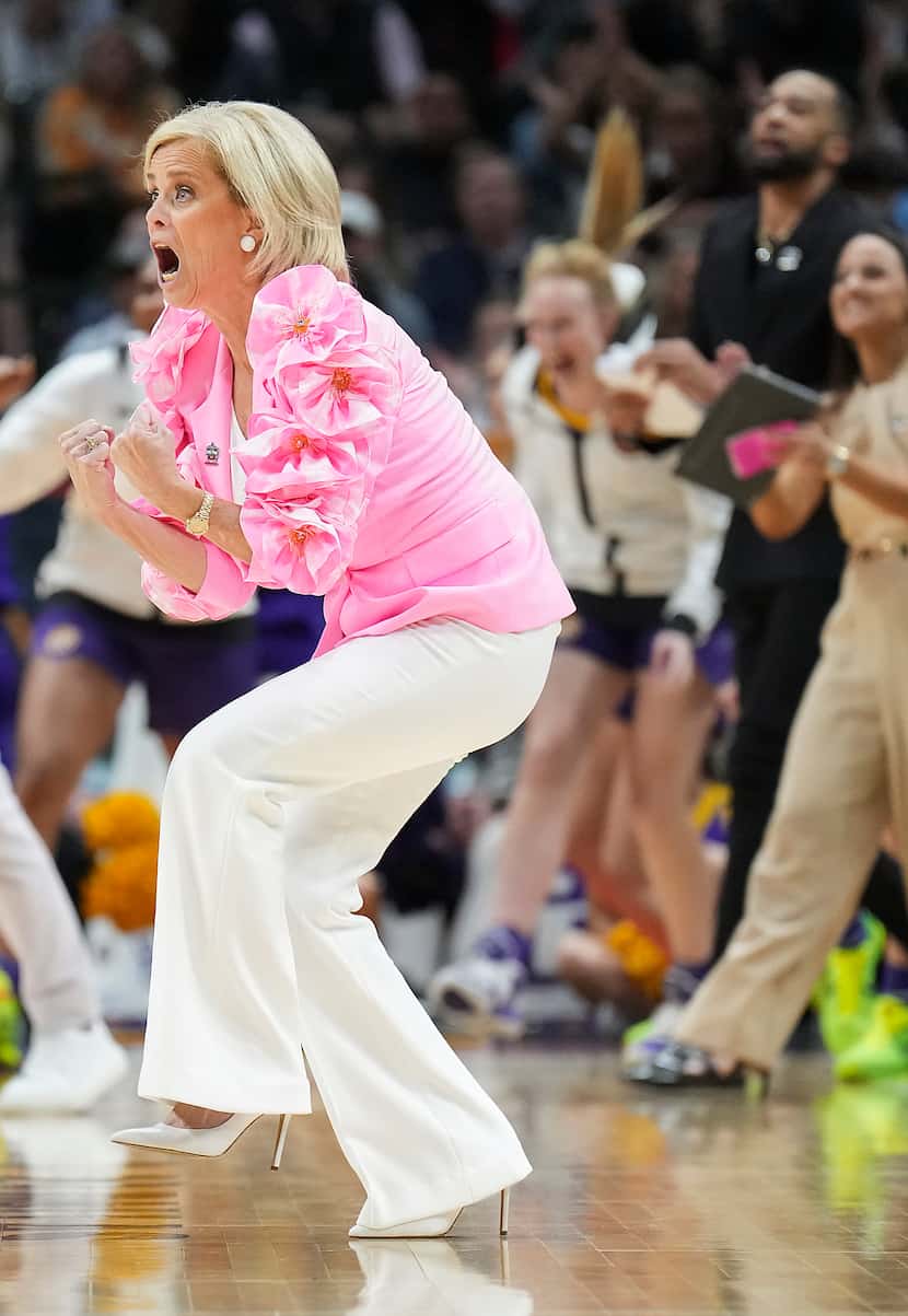 LSU head coach Kim Mulkey reacts after a basket during the second half of an NCAA Women's...