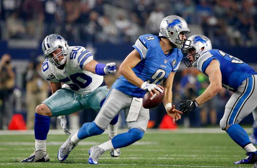 Detroit Lions quarterback Matthew Stafford (9) gets pleasured by Dallas Cowboys outside...