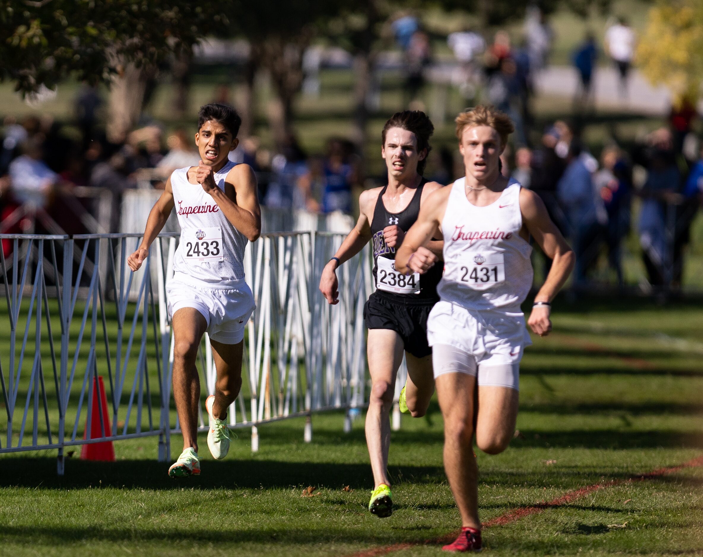 Alberto Rayon of the Grapevine Mustangs runs toward the finish in the 5A boys’ 5k race...