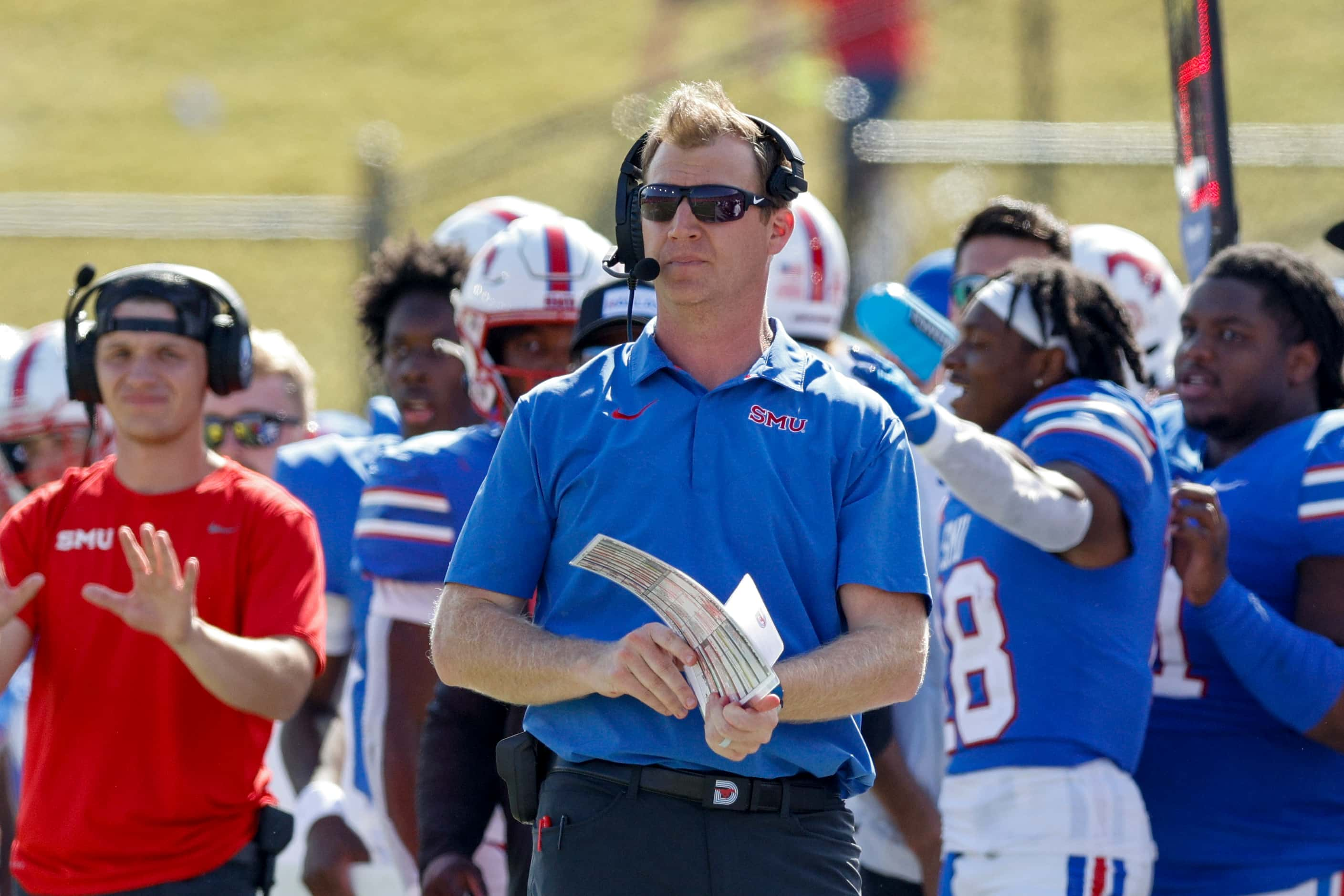 SMU head coach Rhett Lashlee walks the sidelines during the second half of an NCAA football...