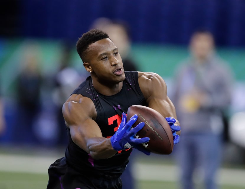 SMU wide receiver Courtland Sutton runs a drill during the NFL scouting combine on Saturday,...