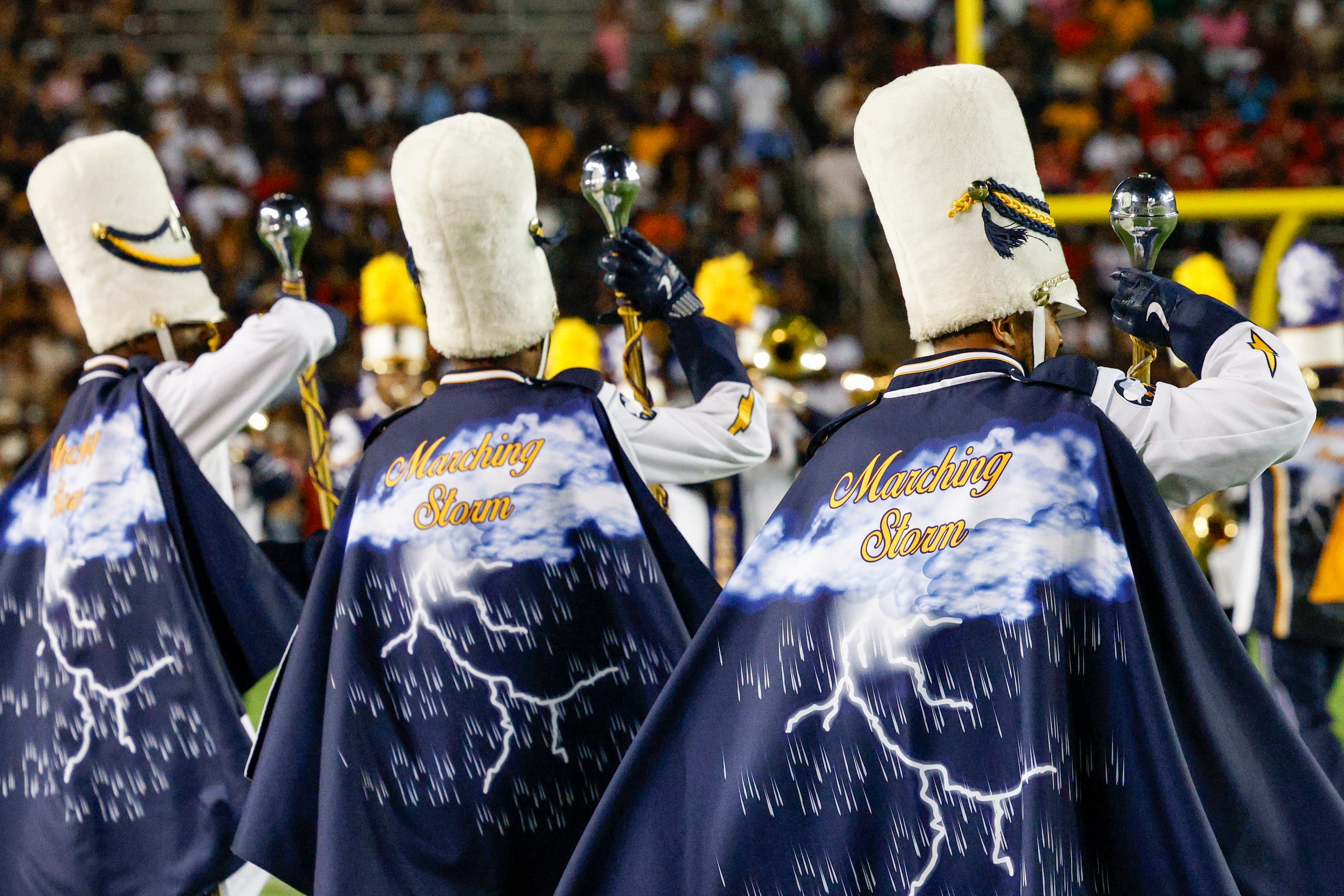 The Prairie View A&M marching band performs during halftime at the State Fair Classic at the...