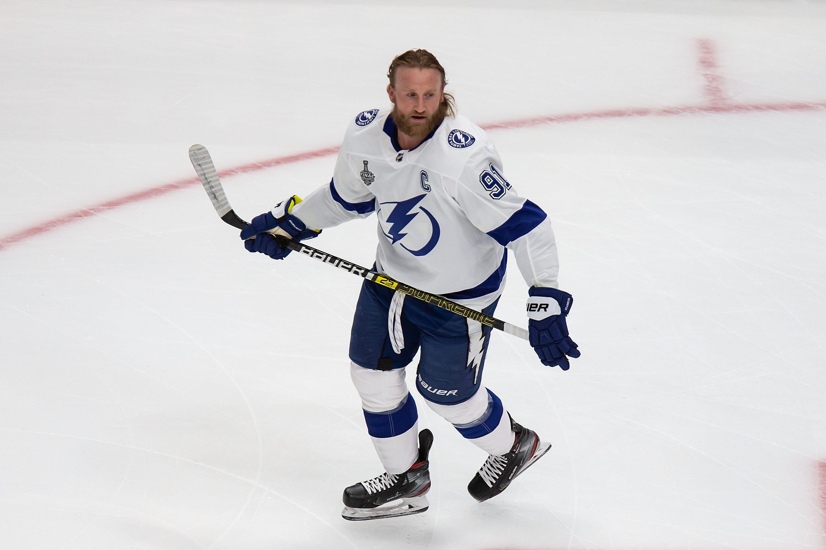 Steven Stamkos (91) of the Tampa Bay Lightning warms up during Game Three of the Stanley Cup...