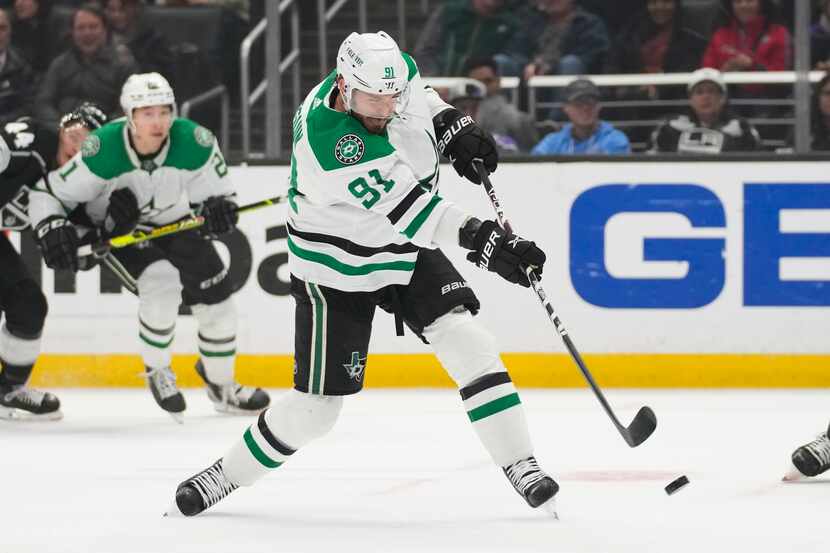 Dallas Stars center Tyler Seguin (91) shoots and scores during the first period of an NHL...