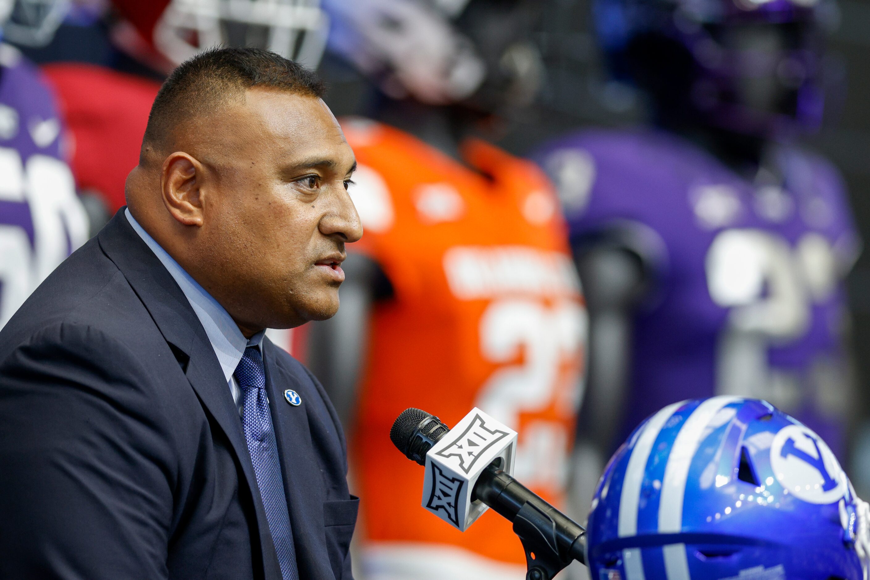 BYU head coach Kalani Sitake speaks during the Big 12 Media Days at AT&T Stadium, Wednesday,...