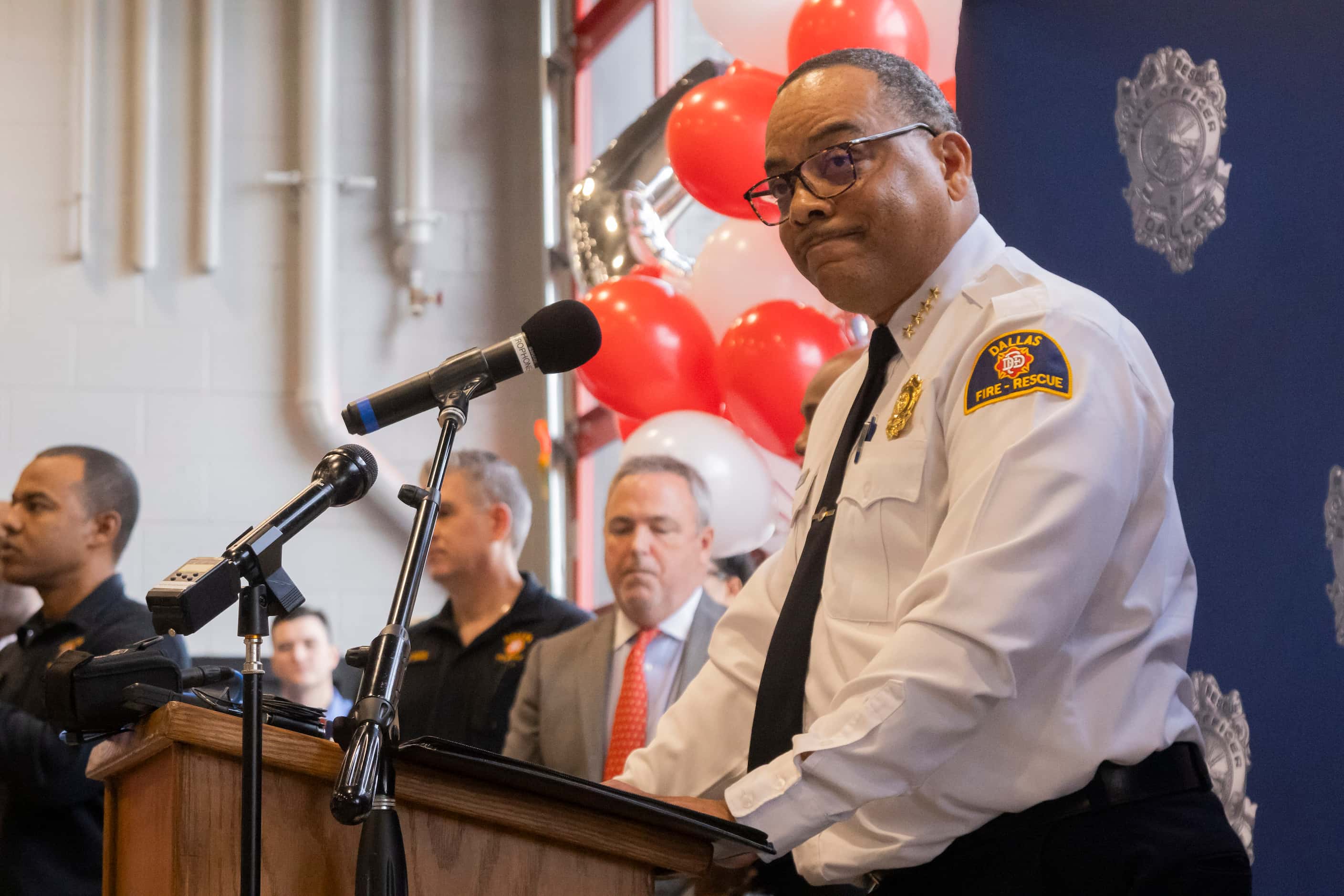 Dallas Fire Rescue Chief Dominique Artis speaks during the grand re-opening ceremony of the...