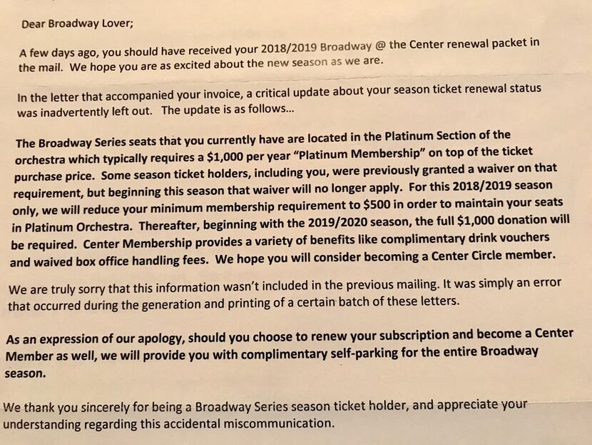 This is the letter that Ellen Cozart, a long-time season-ticket subscriber to the AT&T...
