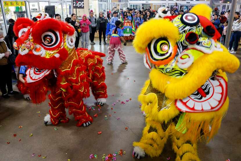 Lion dancers from Tu Van Lion Dance Troupe perform during a celebration of the Lunar New...
