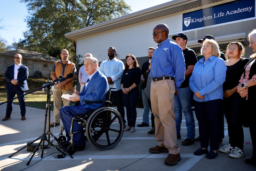 A day after the election, Texas Governor Greg Abbott answers questions from reporters after ...