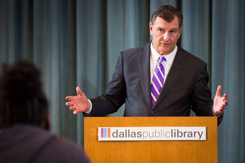 Dallas Mayor Mike Rawlings answers questions from high school students participating in...